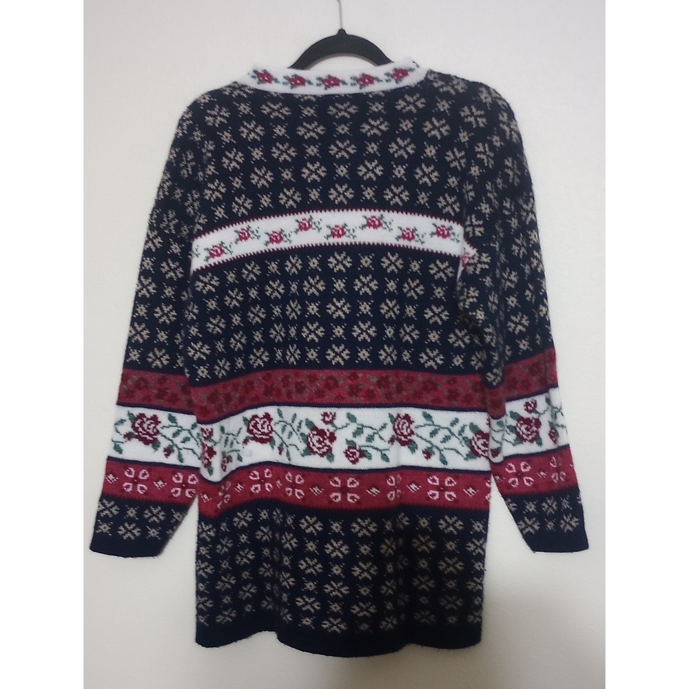 Willow Bay Vintage Floral Fair Isle Knit Sweater Navy Red Rose Made in USA Med - Picture 2 of 5